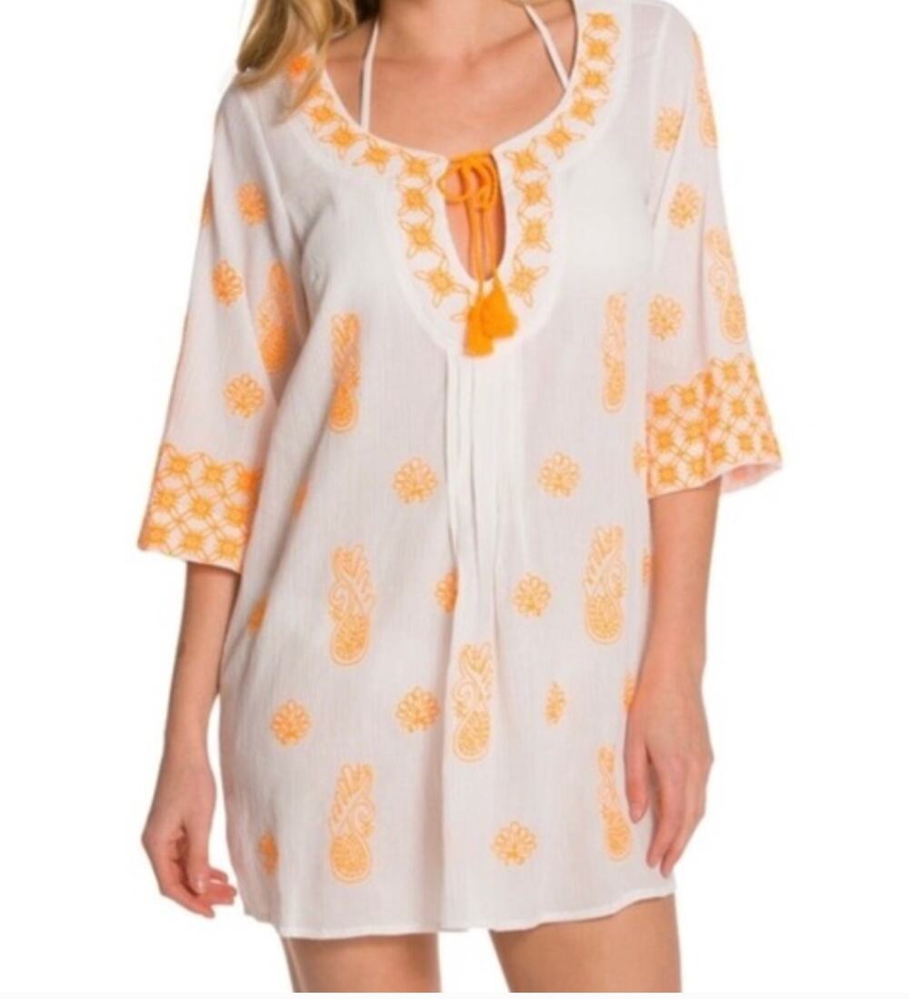Trina Turk Playa Del Rey Tunic Top Swim Cover Up White Neon Orange Tassels S